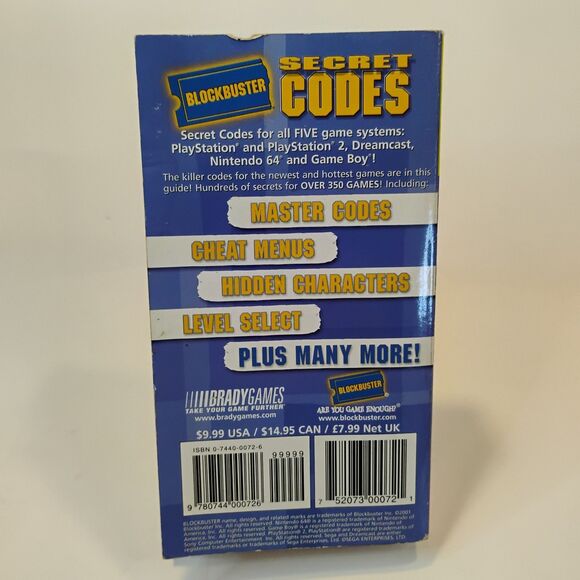 Brady Games Blockbuster Secret Codes 2001 Volume 2 PS PS2  Brady Games Blockbuster Secret Codes 2001 Volume 2 PS PS2 N64 Game Boy Dreamcast